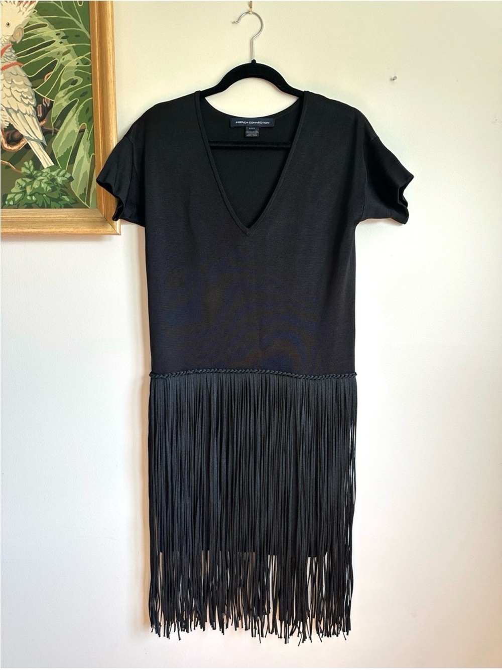 French Connection Fringe Short Sleeve V Neck Dress Black Womens 2 Stretch